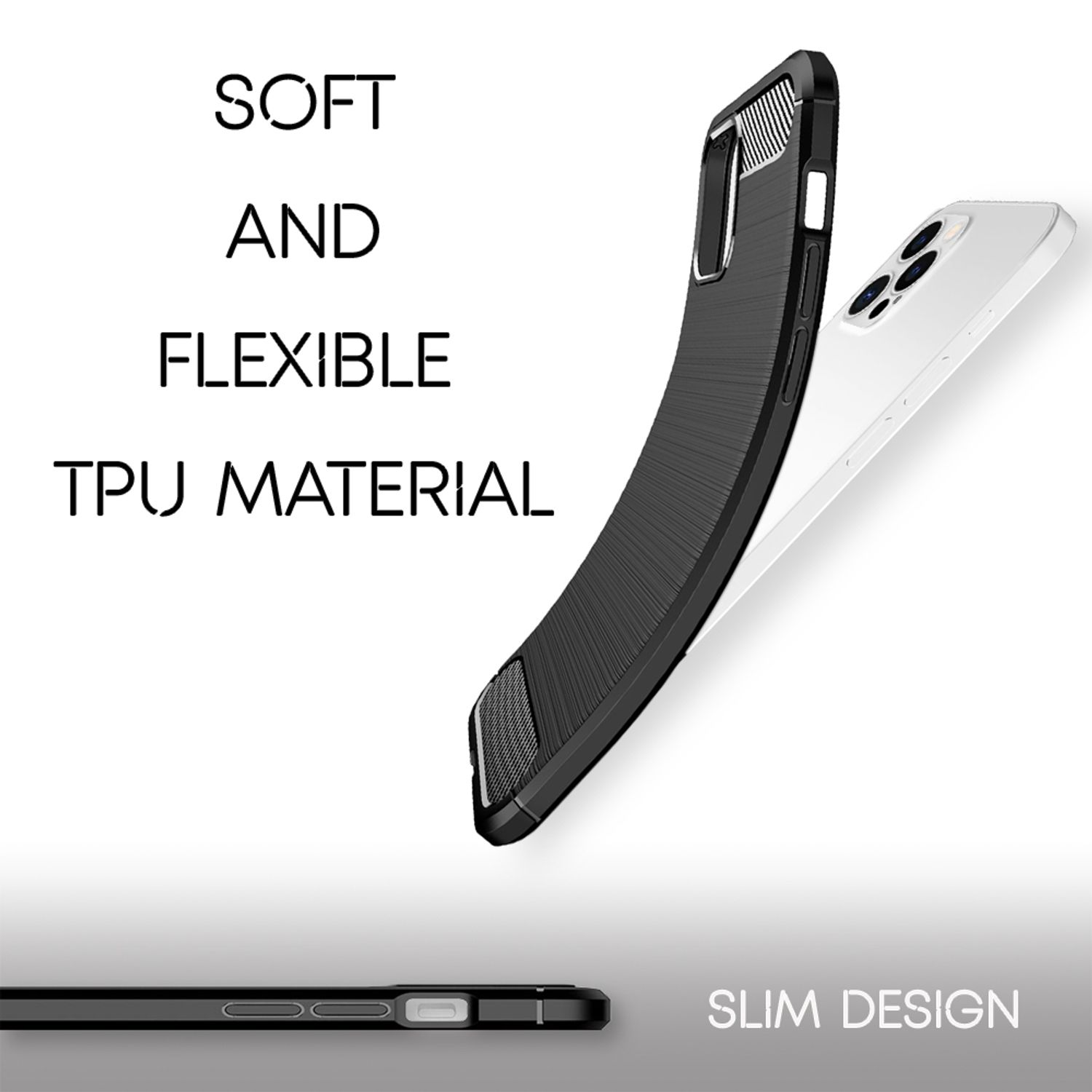 Una funda de teléfono con texto sobre ser suave y flexible. Un teléfono blanco en el fondo.