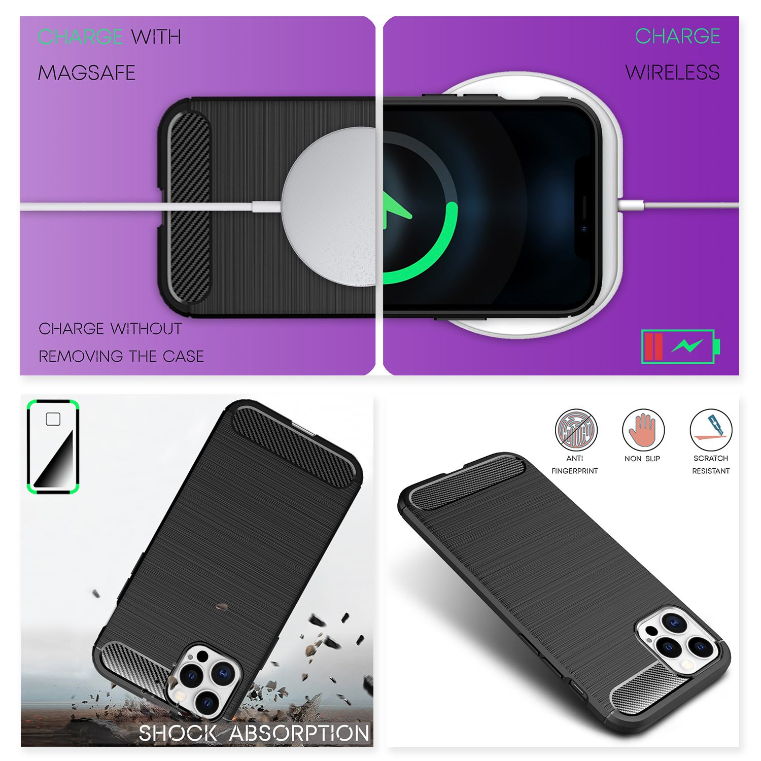 Múltiples imágenes de una funda de teléfono con características: absorción de impactos, antihuellas, antideslizante.