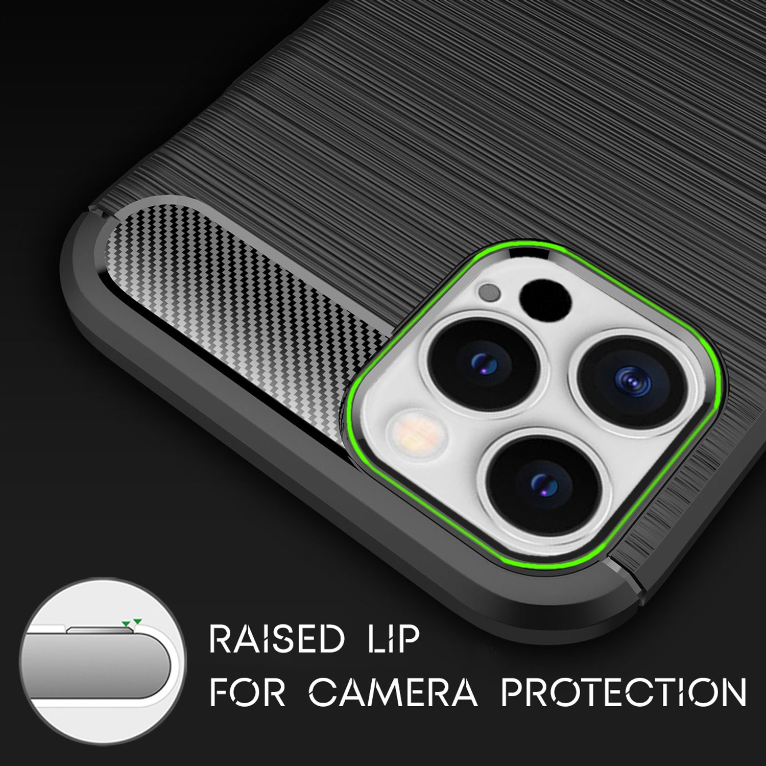 Funda de teléfono con borde elevado para cámara y textura de fibra.