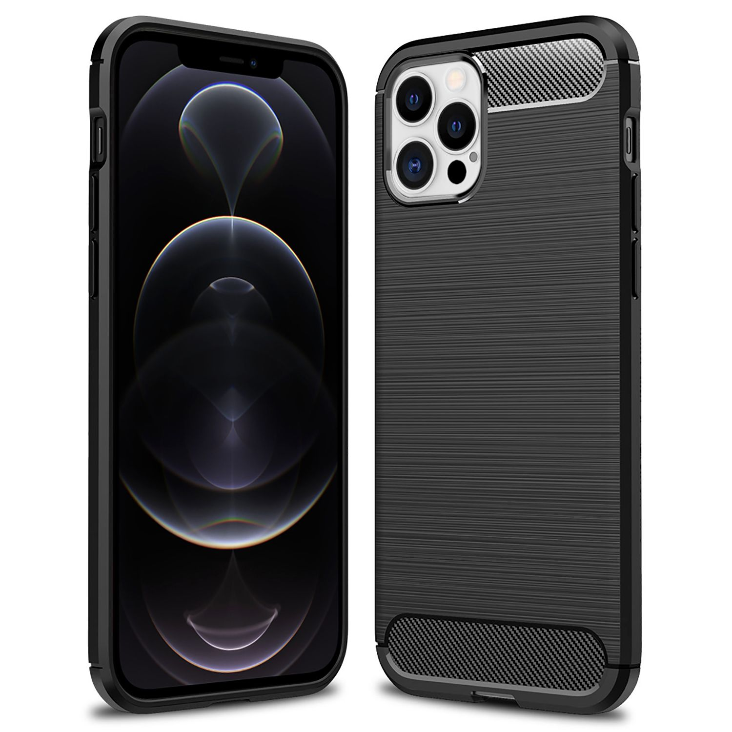 Funda negra para smartphone con aspecto de fibra de carbono.