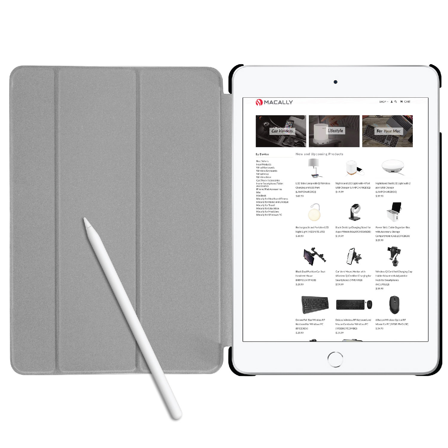 Ein iPad mit grauer Hülle und weißem Stift. iPad zeigt eine Website mit Produktlisten.