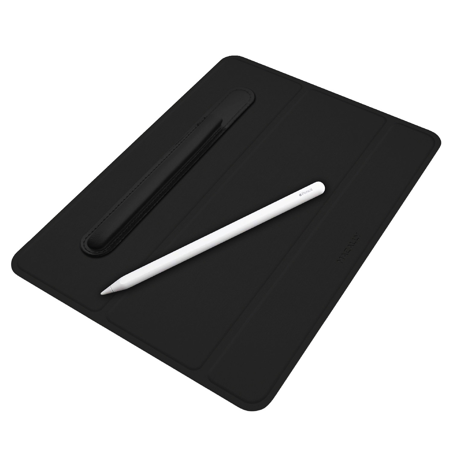 Eine schwarze Tablet-Hülle mit einem weißen Stift. Der Stift befindet sich in einem lederartigen Halter.