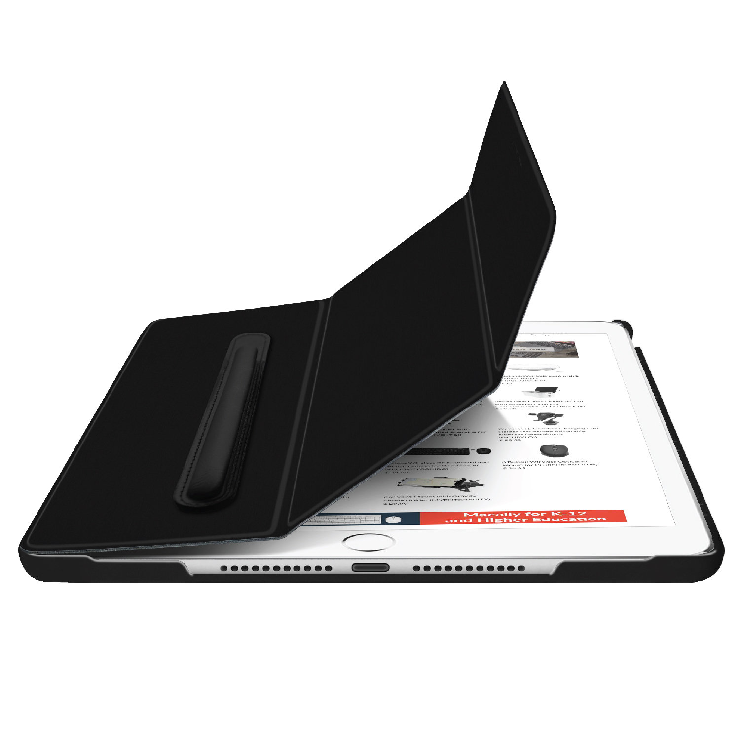 Ein schwarzes Tablet mit teilweise geöffneter schwarzer Hülle, das den Bildschirm mit Text freigibt. Weißer Hintergrund.