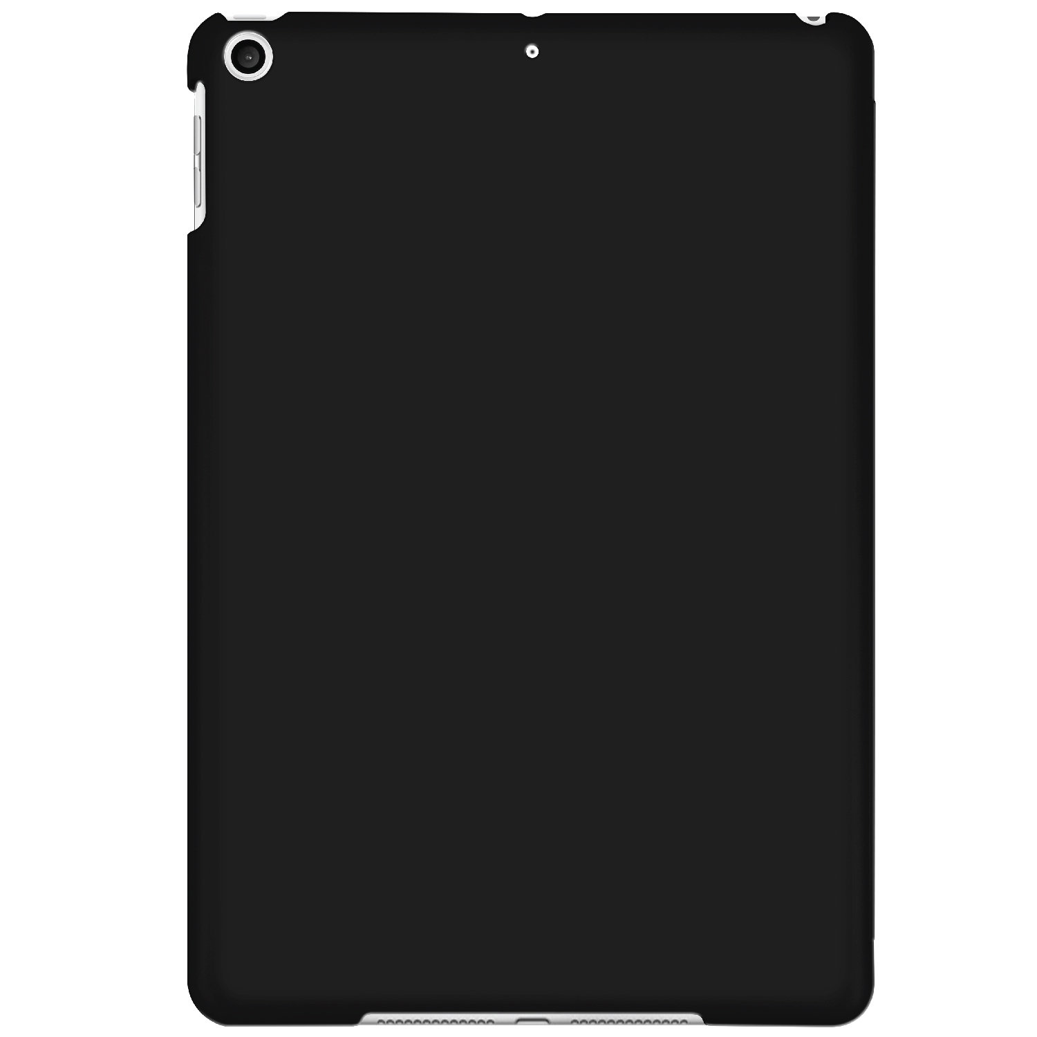 Ein schwarzes Tablet auf weißem Hintergrund. Bildschirm und Rückseite sind sichtbar.