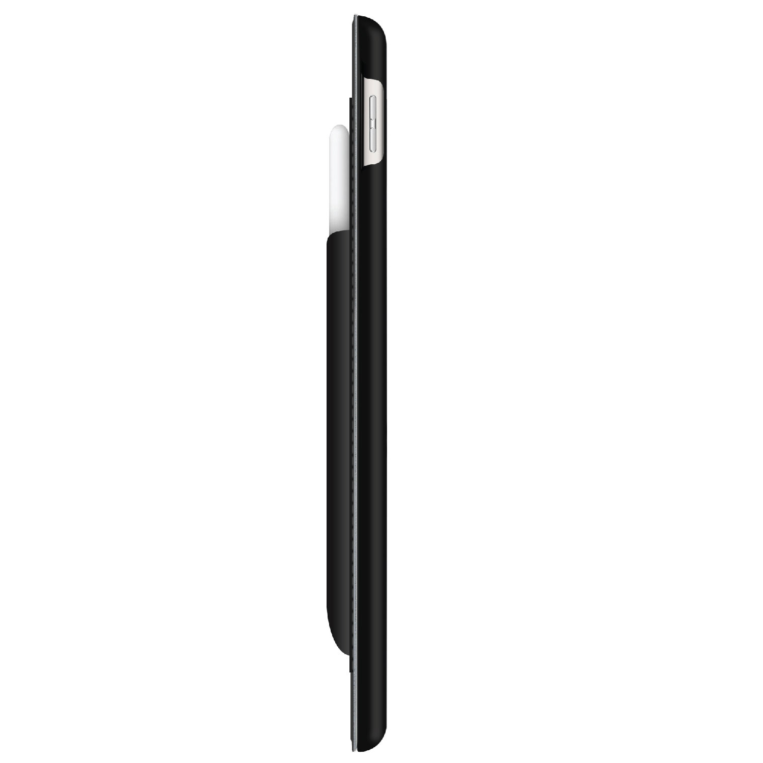 Seitenansicht einer schwarzen Handyhülle mit einem weißen Apple Pencil. Die Hülle hat ein schlankes, minimalistisches Design.