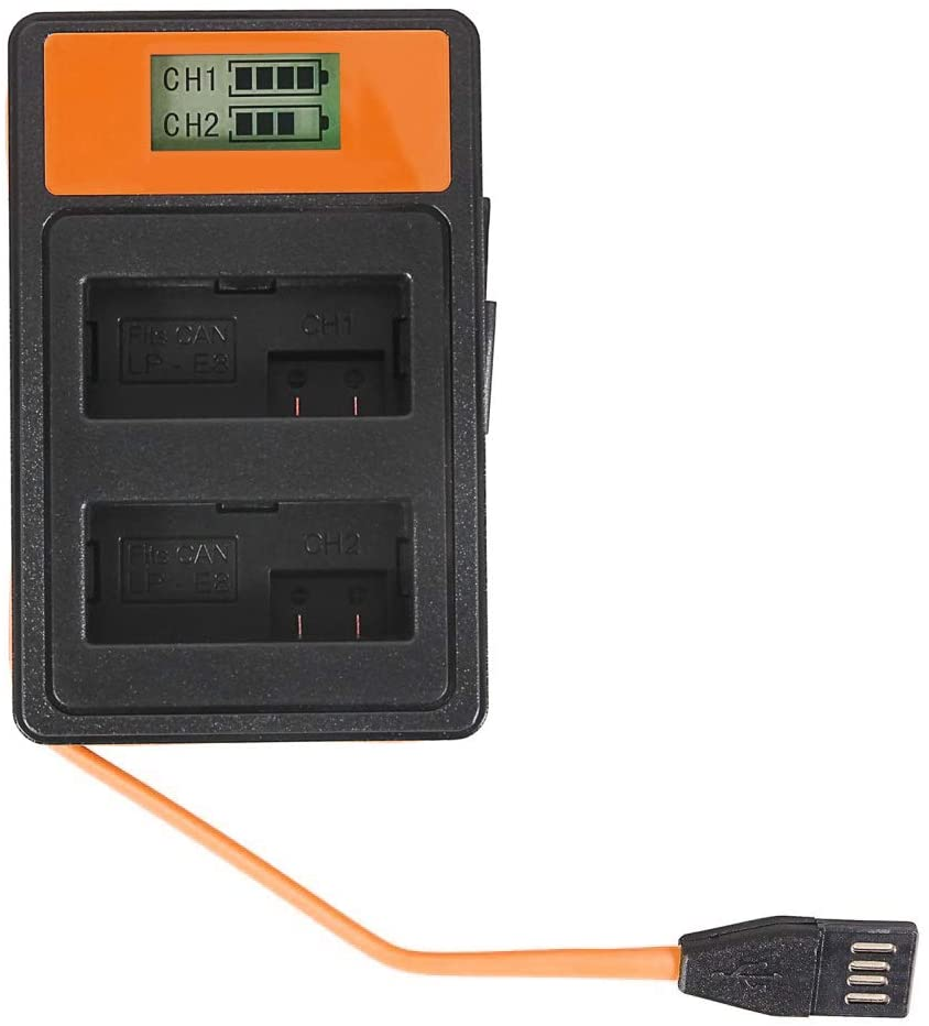 Schwarzes und oranges Batterieladegerät mit zwei Steckplätzen und Ladeanzeige. USB-Kabel befestigt.