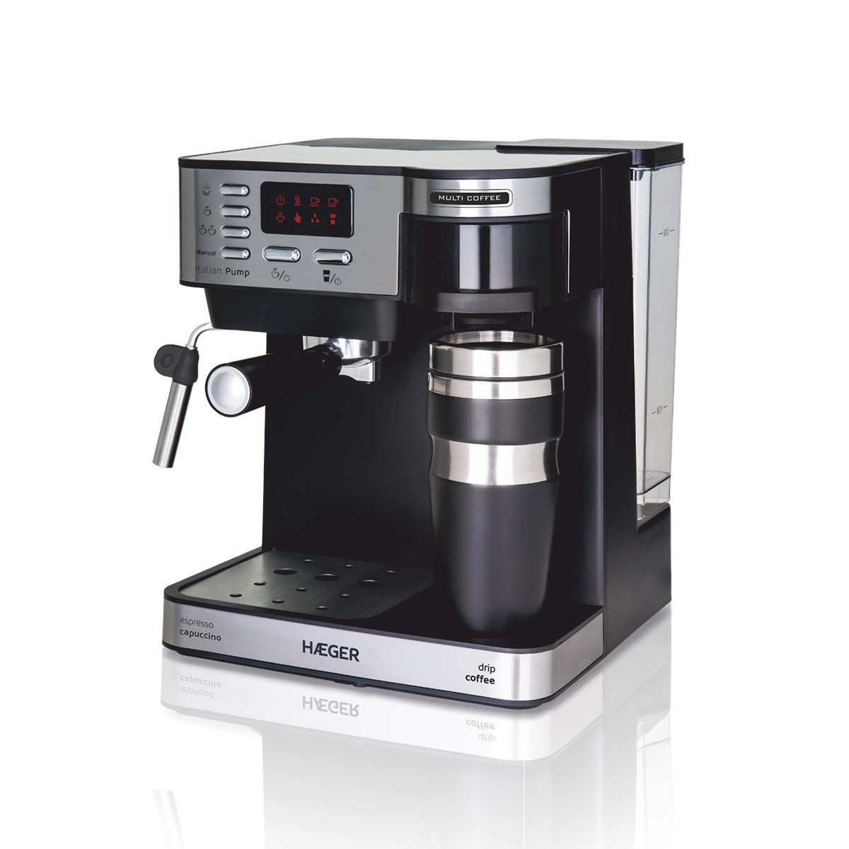 Cafetera express - MULTI COFFEE HAEGER, 1450 W, 1,2 l, Negro e Plata