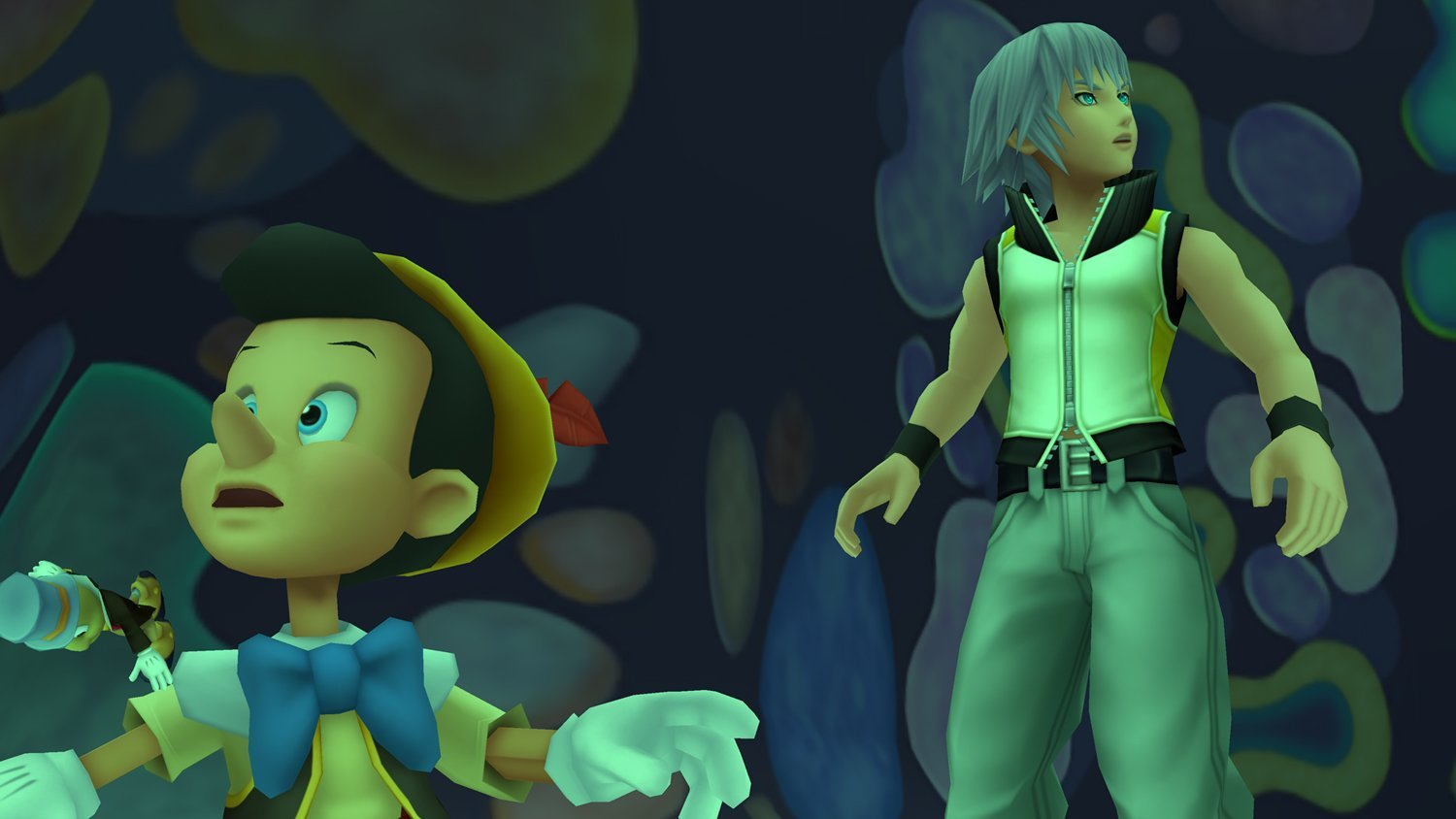 Zwei Zeichentrickfiguren, Pinocchio und eine andere Figur in bunter Umgebung.