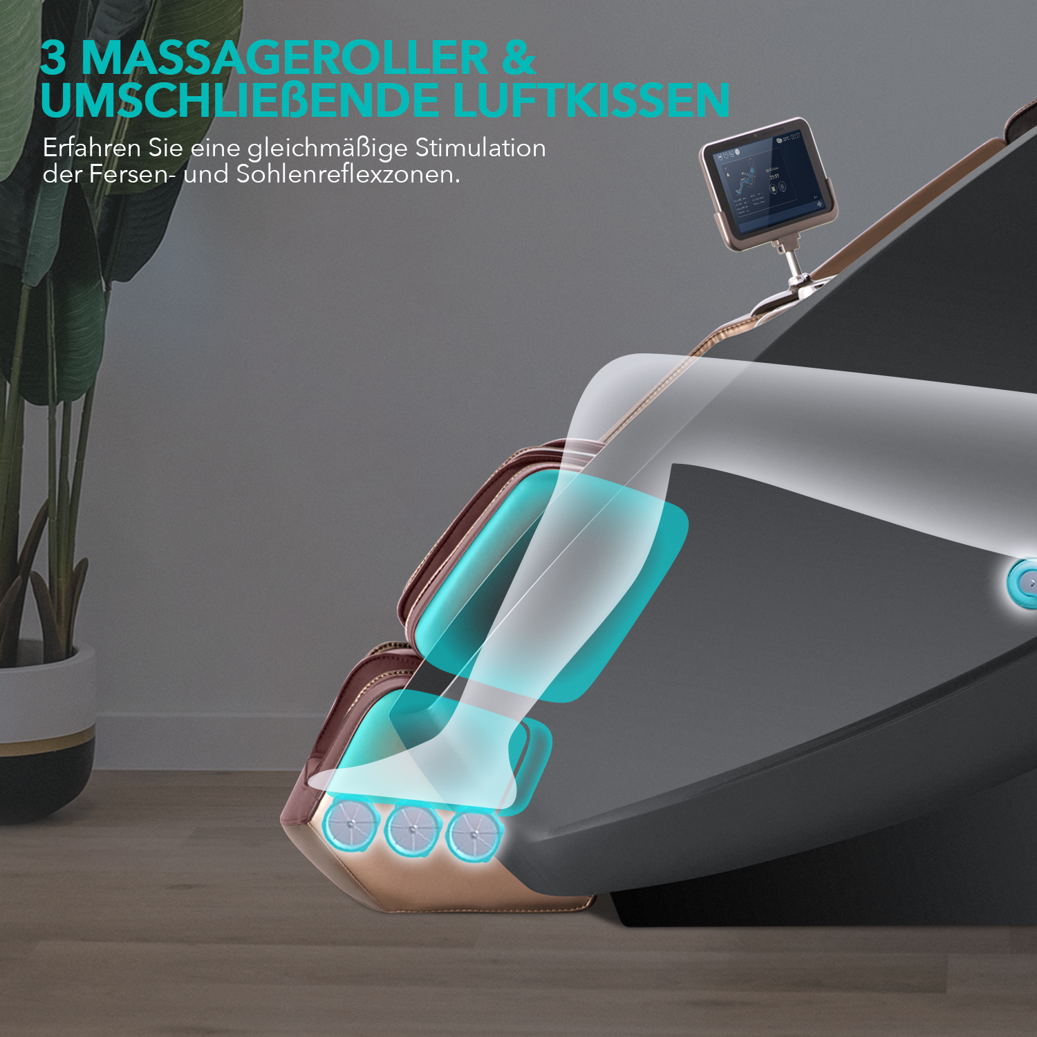 Ein Massagesessel mit Grafik, die Beinmassage zeigt. Blaue Lichter zeigen die Massagezonen an.