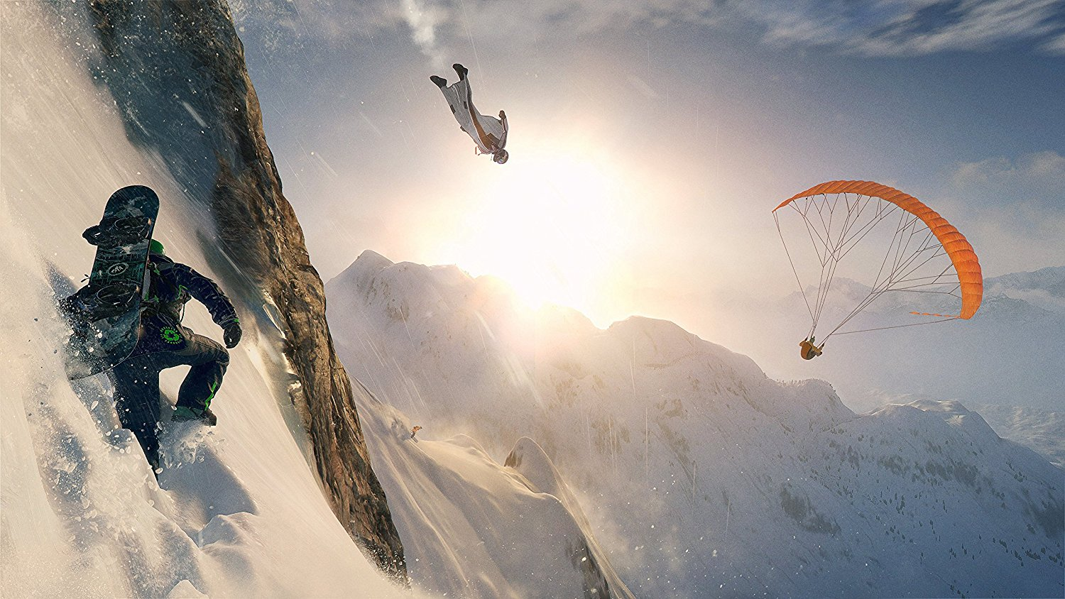 Snowboarder, Fallschirmspringer und Gleitschirmflieger in einer verschneiten Berglandschaft bei Sonnenuntergang.