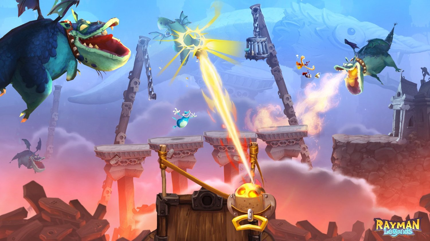 Videospielszenario mit Drachen und Charakteren auf Plattformen. Drachen schießen Feuer.