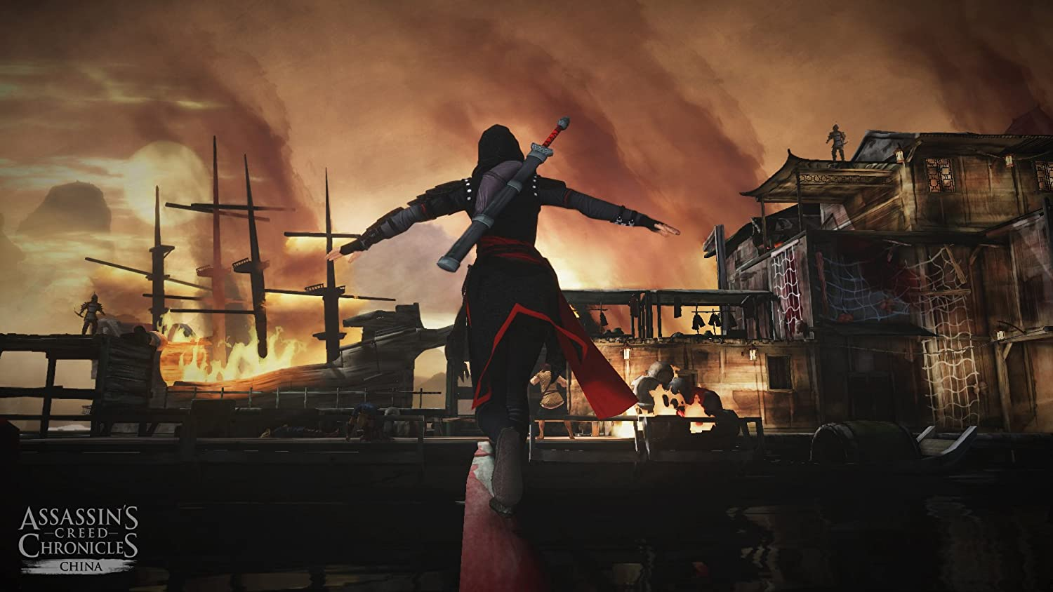 Eine Figur aus Assassin's Creed steht auf einem Holzbalken, mit brennendem Hintergrund.