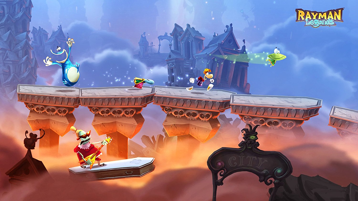 Rayman Legends Spielszene mit Charakteren auf Plattformen, in einem bewölkten Himmel, mit Stadt und Gebäuden.