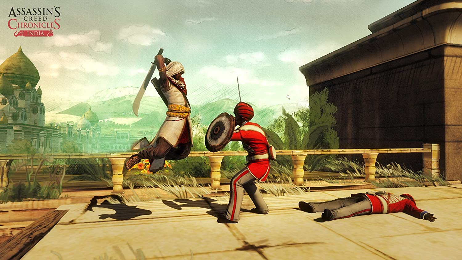 Assassin's Creed Chronicles: Indien-Szene. Zwei Soldaten kämpfen mit Schwertern und ein Gefallener.