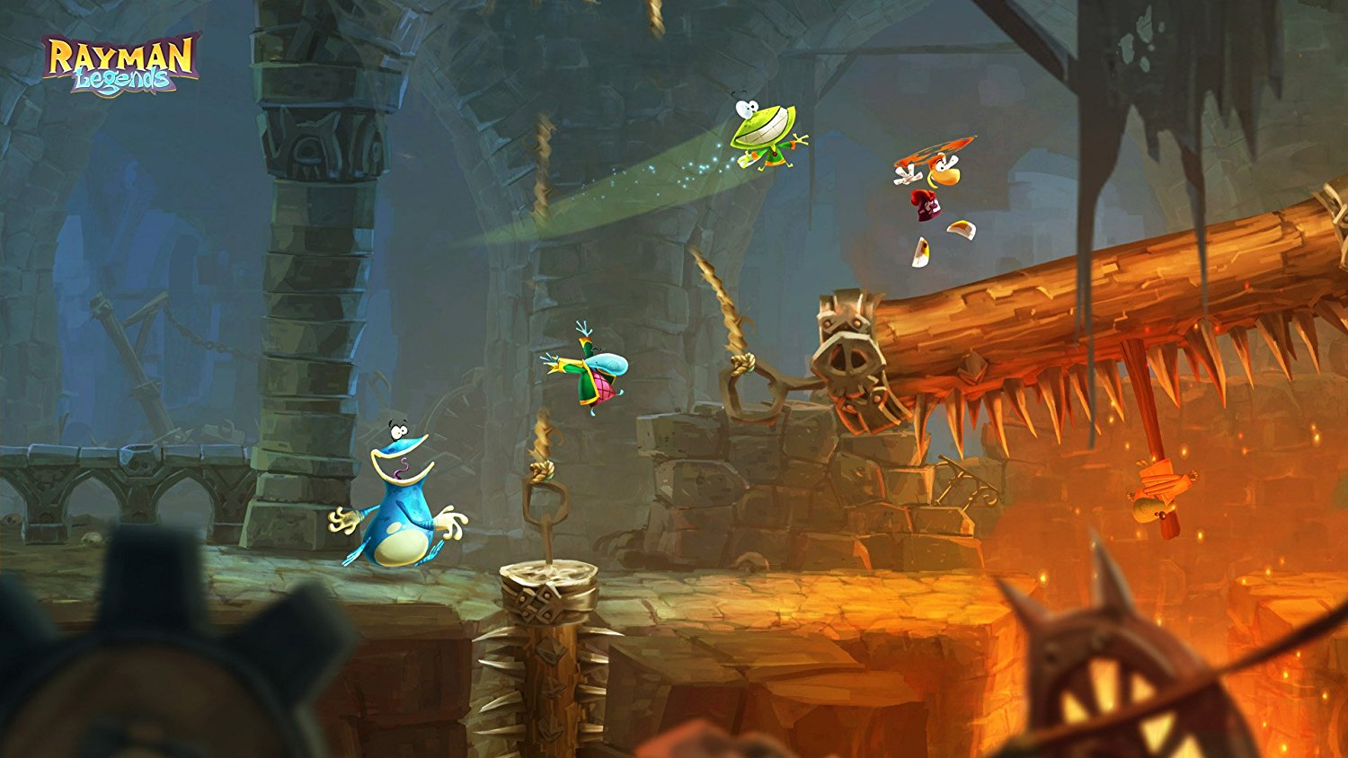 Eine Videospielszene aus Rayman Legends mit mehreren Zeichentrickfiguren in einer dunklen Fantasy-Umgebung.