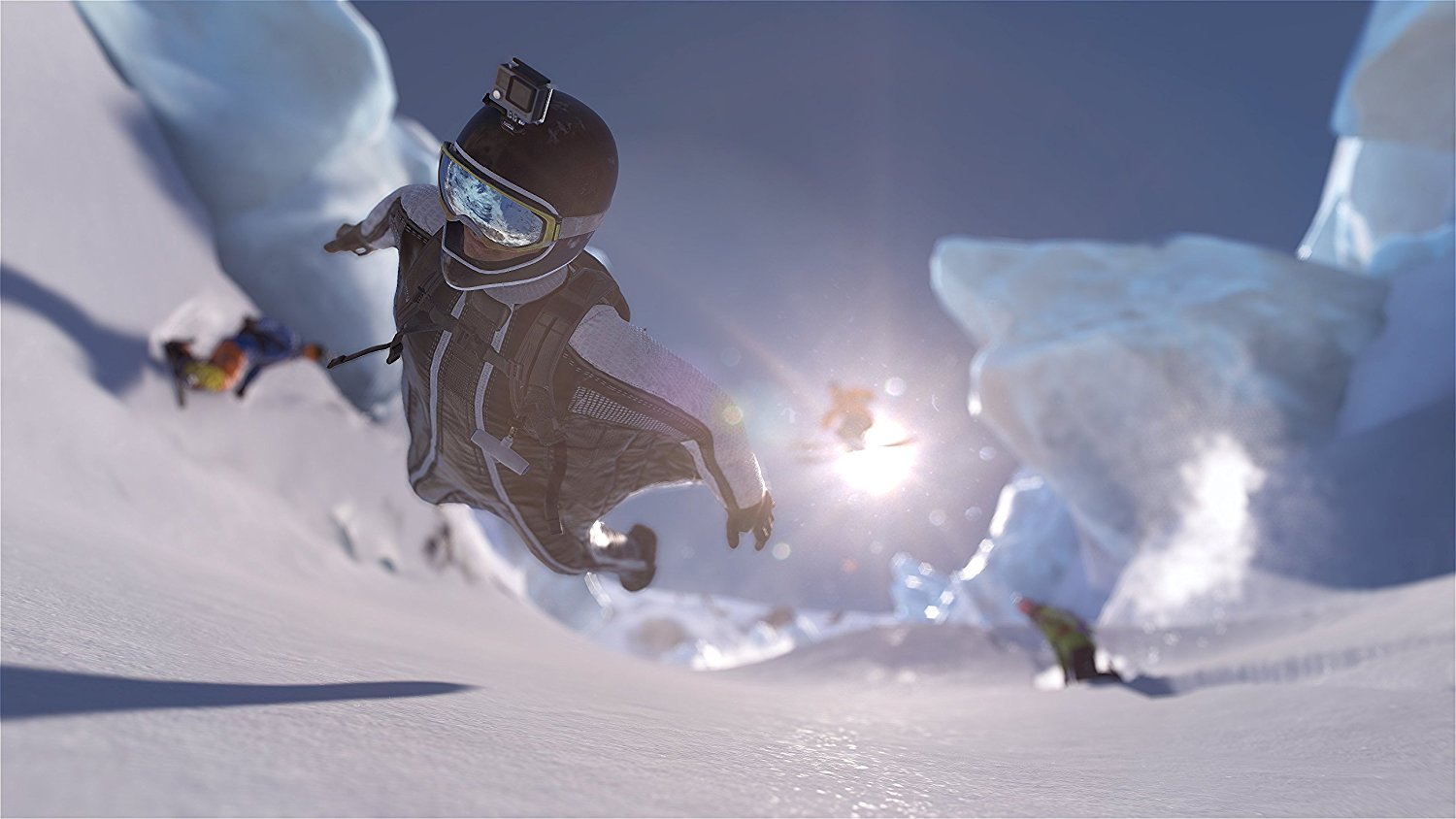 Wingsuit-Pilot. Fliegt über schneebedeckte Berge.