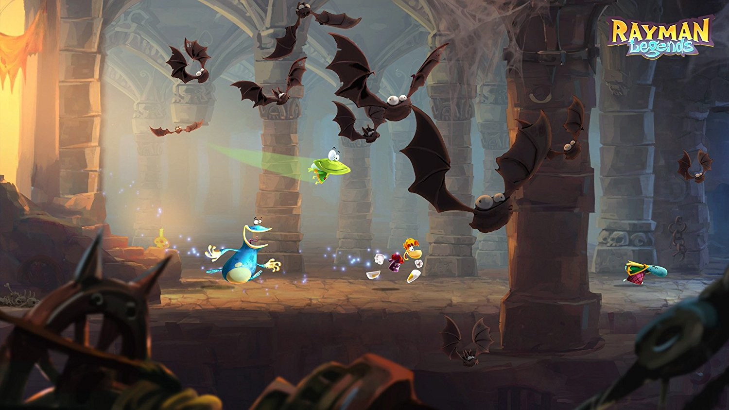 Eine lebendige Szene aus dem Spiel Rayman Legends, mit fliegenden Fledermäusen, einem blauen Charakter und einem Frosch.