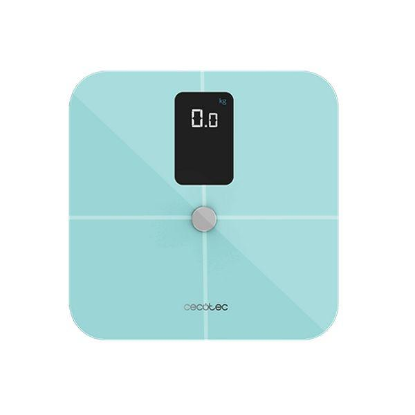 Una báscula digital azul claro con una pantalla negra que muestra 0.0 kg.
