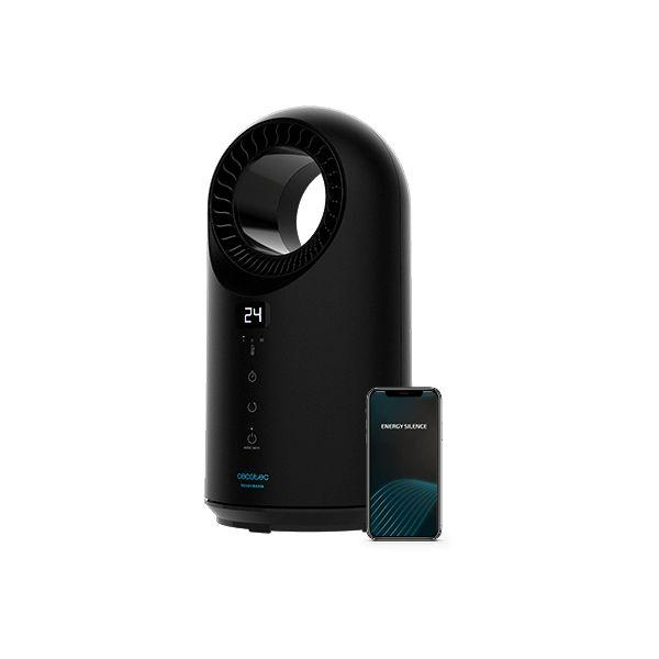 Czarny grzejnik ze smartfonem obok. Grzejnik ma cyfrowy wyświetlacz.