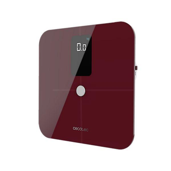 Eine weinrote Badezimmerwaage mit digitaler Anzeige '0.0'. Marke Cecotec auf der Waage.