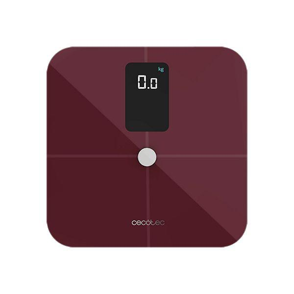 Eine weinrote digitale Badezimmerwaage mit einer schwarzen Anzeige, die 0,0 anzeigt. Unter der Anzeige befindet sich eine silberne Taste.