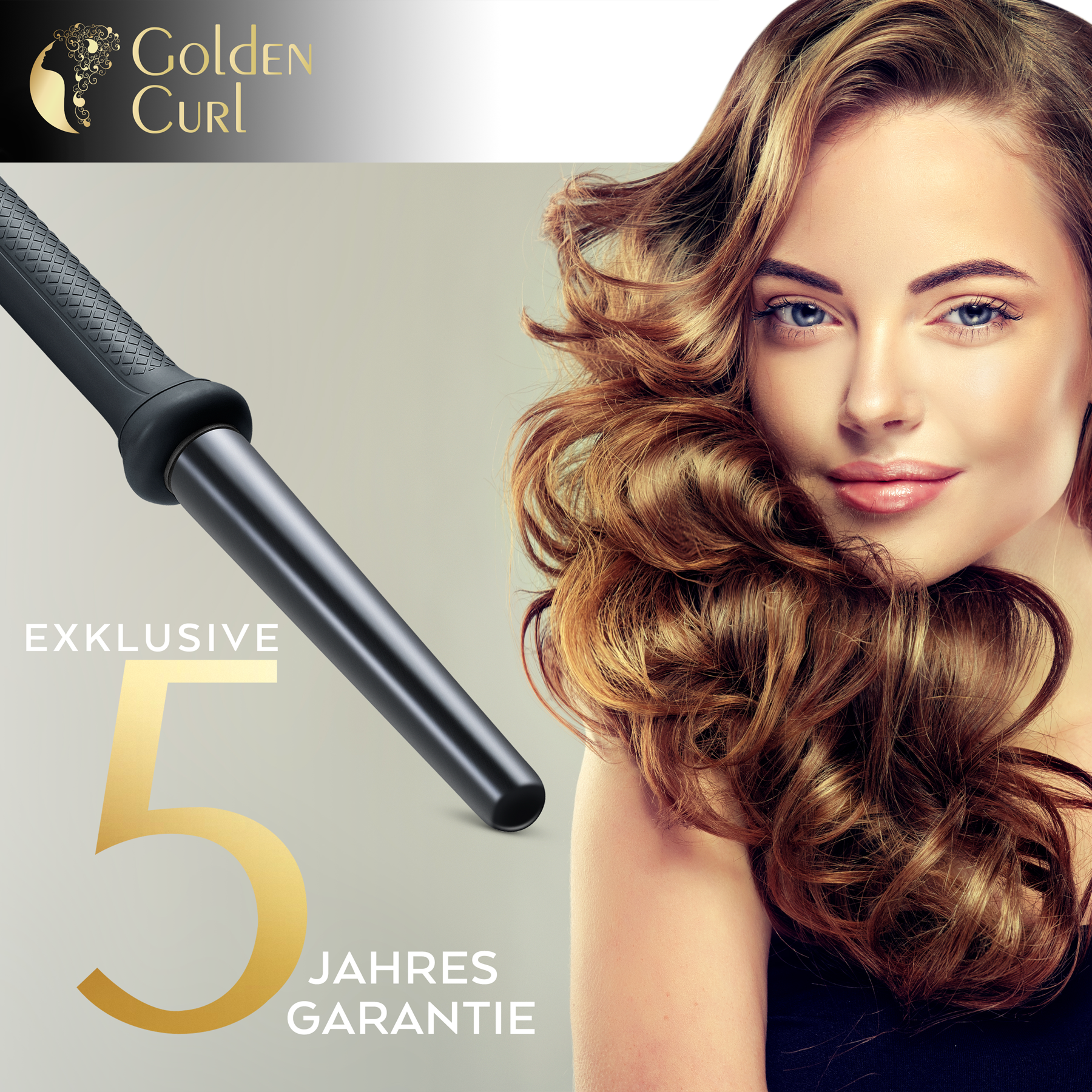 Frau mit welligem Haar, die einen Lockenstab hält. Text lautet 'Golden Curl' und '5 Jahre Garantie'.
