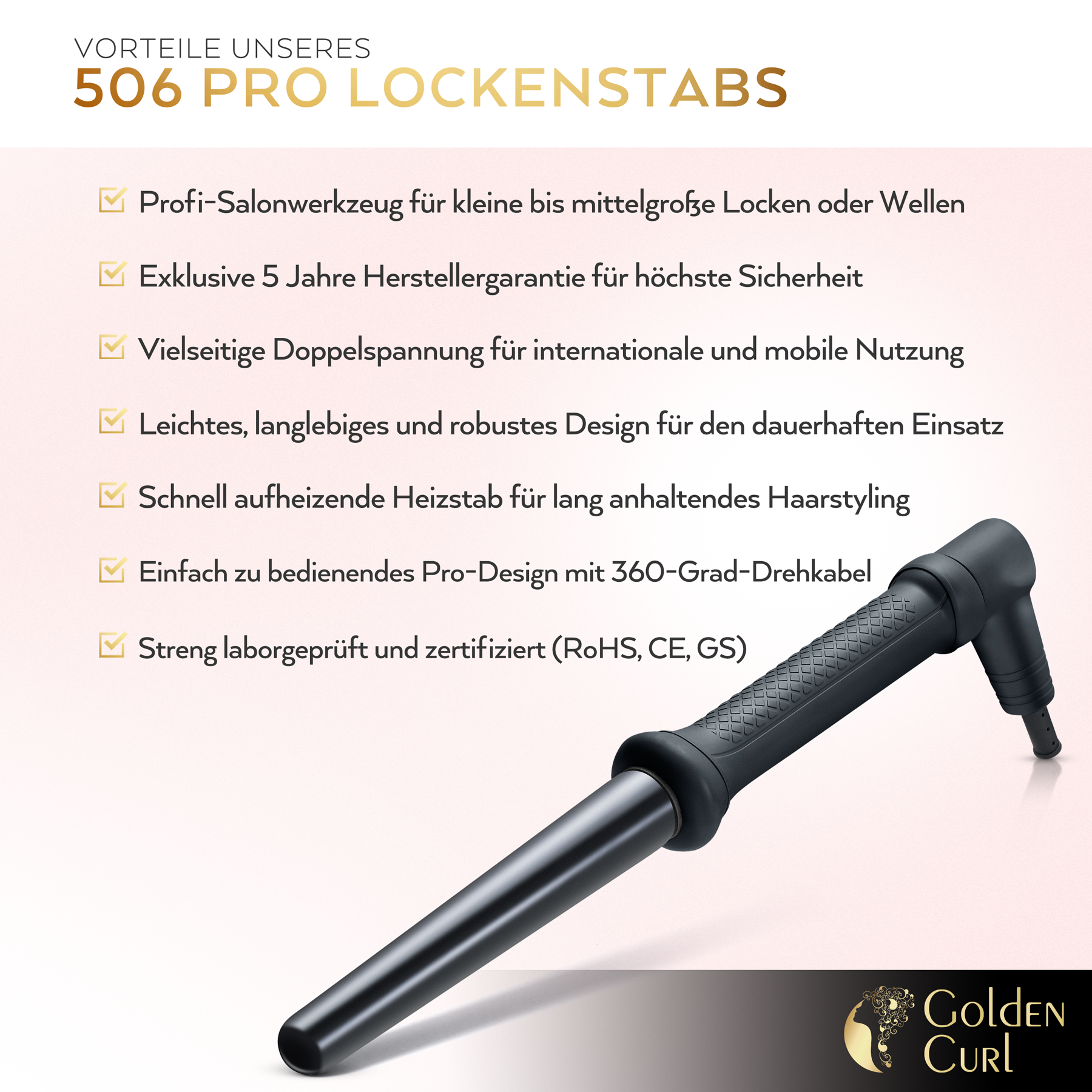 Haarstyling-Werkzeug mit schwarzem Griff und Keramiklauf. Gold-Logo.