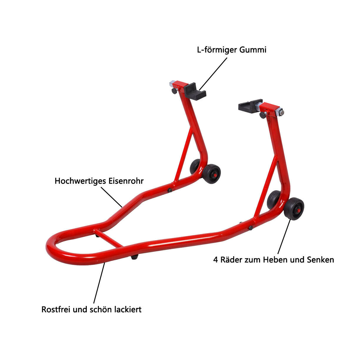 Roter Motorradständer mit Rädern, L-förmiger Gummi, auf weißem Hintergrund.