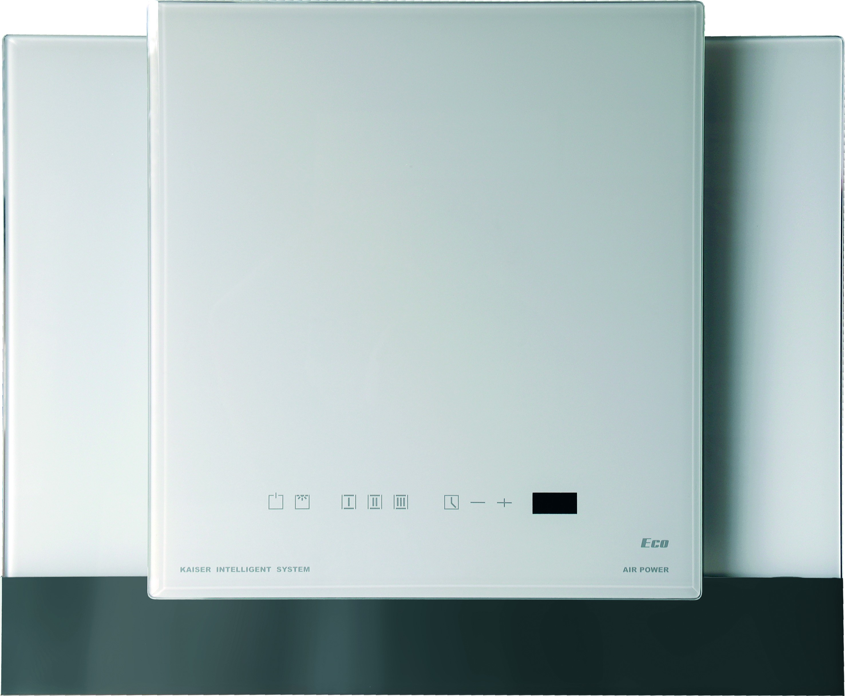 Una campana extractora blanca con panel negro y botones de control, con laterales de cristal blanco.