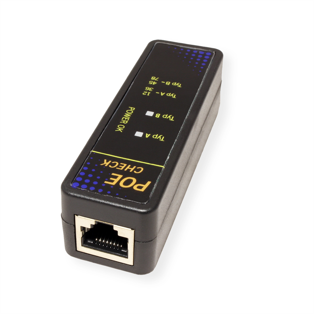 Schwarzes PoE-Prüfgerät. Ethernet-Anschluss und Etiketten sichtbar. Weißer Hintergrund.