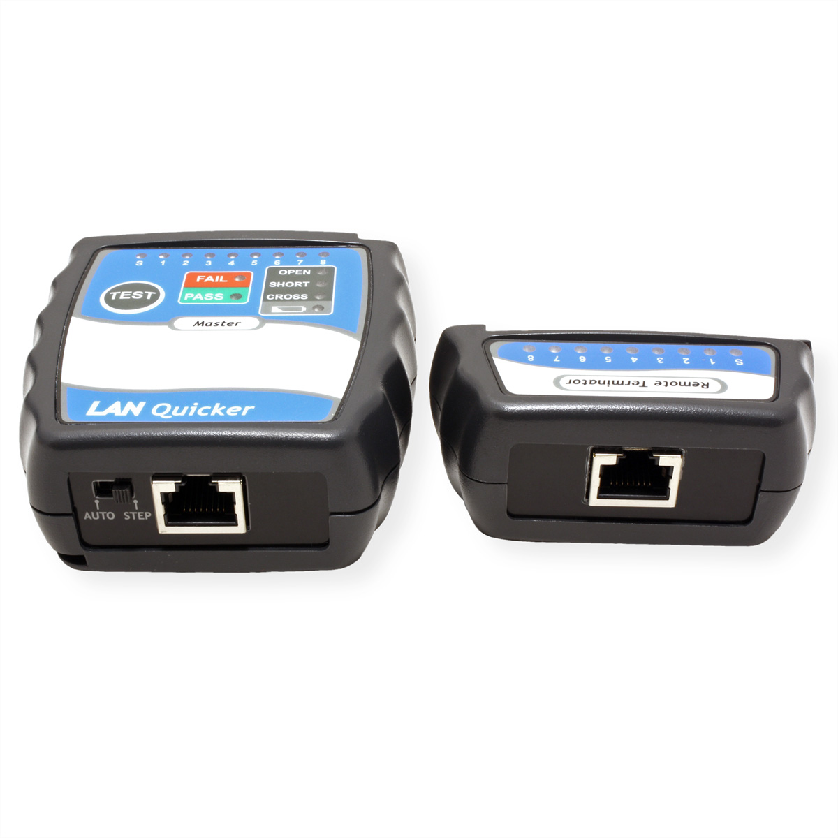 Zwei schwarz-blaue Netzwerkkabeltester vor weißem Hintergrund.