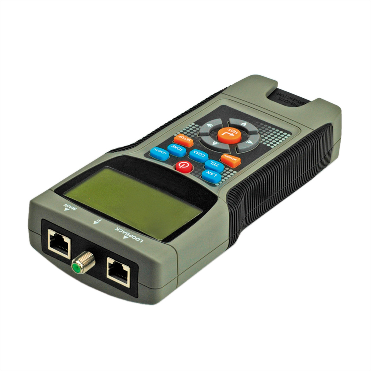 Graues Handheld-Gerät mit Knöpfen und einem Bildschirm. Es hat eine Testtaste und Anschlüsse.
