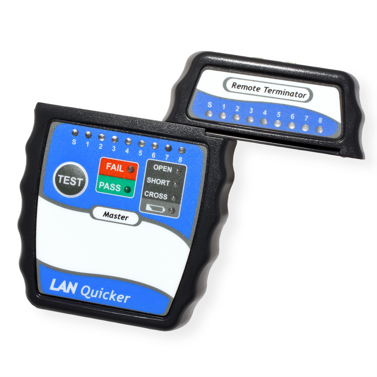 Ein schwarzer und blauer LAN-Kabeltester. Es hat einen Bildschirm und Tasten zum Testen von Kabeln. Eine Fernbedienung ist oben.