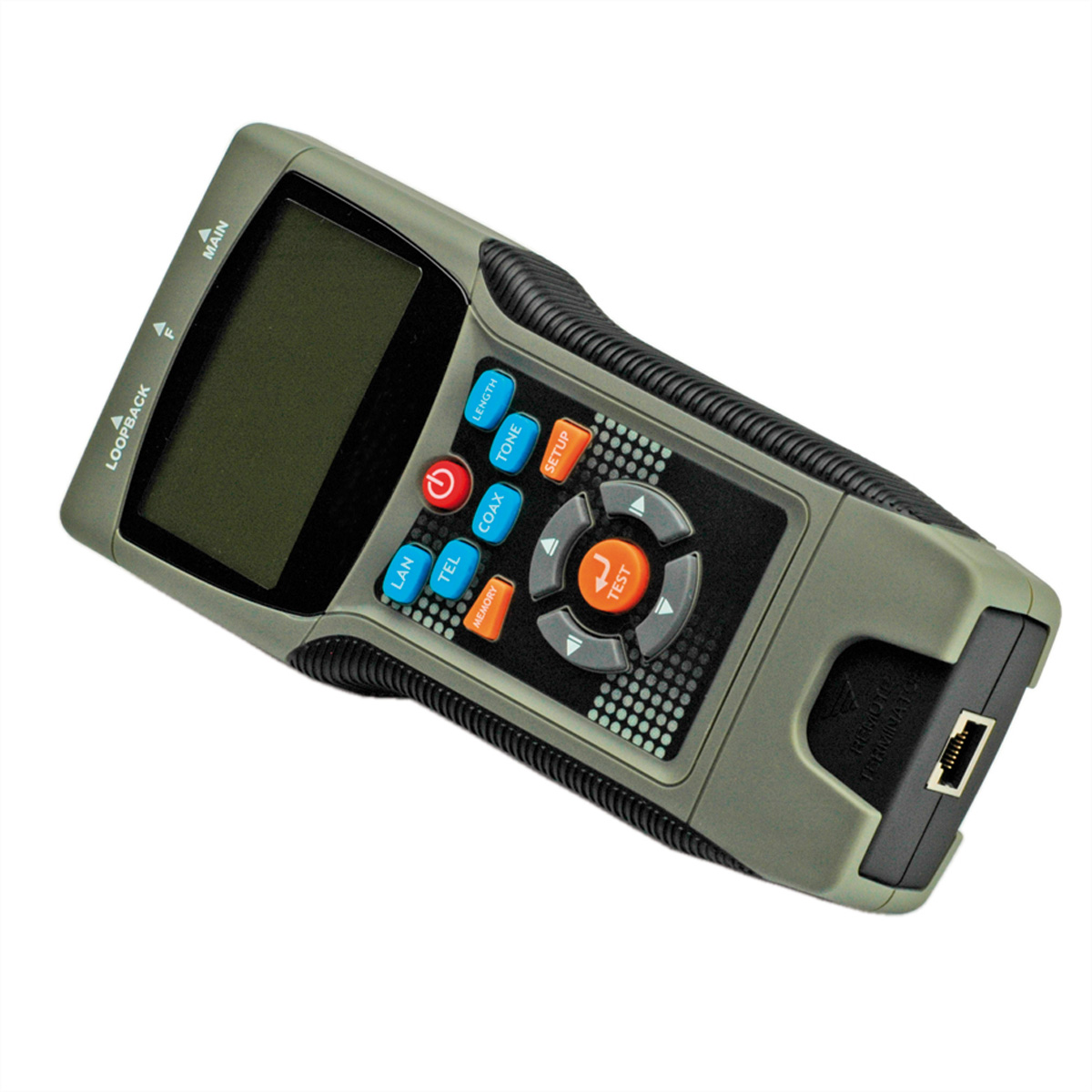 Ein grauer Netzwerkkabeltester mit Knöpfen und einem Bildschirm, der für Tests und Diagnosen verwendet wird.