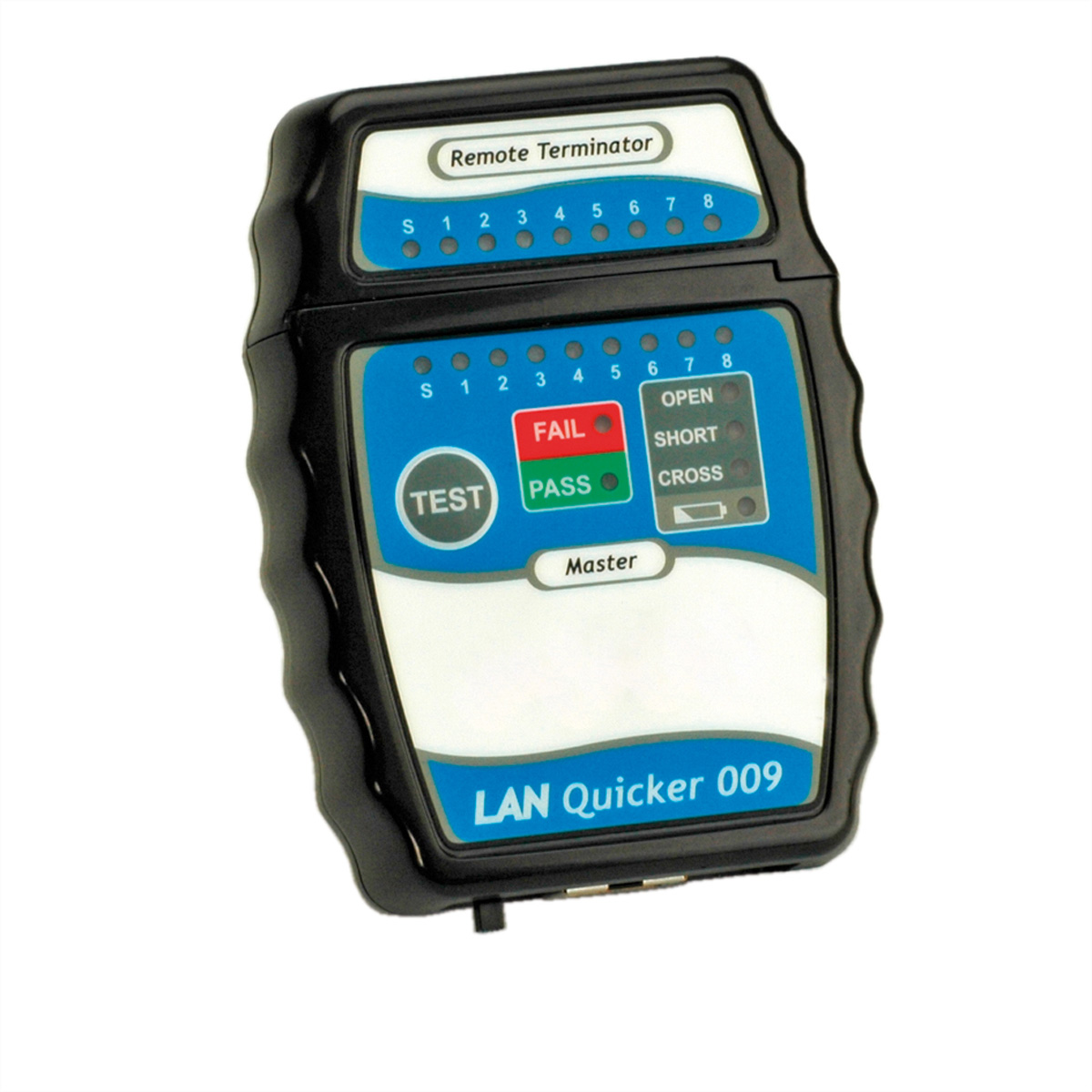 LAN Quick Tester. Ein schwarz-blaues Gerät mit Knöpfen und Kontrollleuchten.