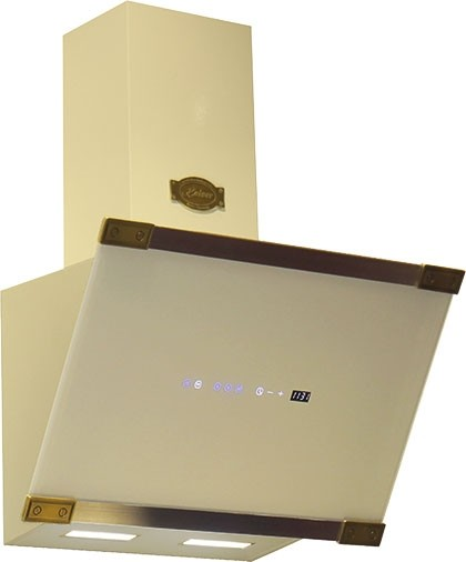 Cremefarbene Dunstabzugshaube mit Glasfront. Sie hat ein Bedienfeld und eine goldfarbene Blende.