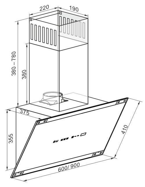 Diagramm einer Dunstabzugshaube mit Maßangaben.