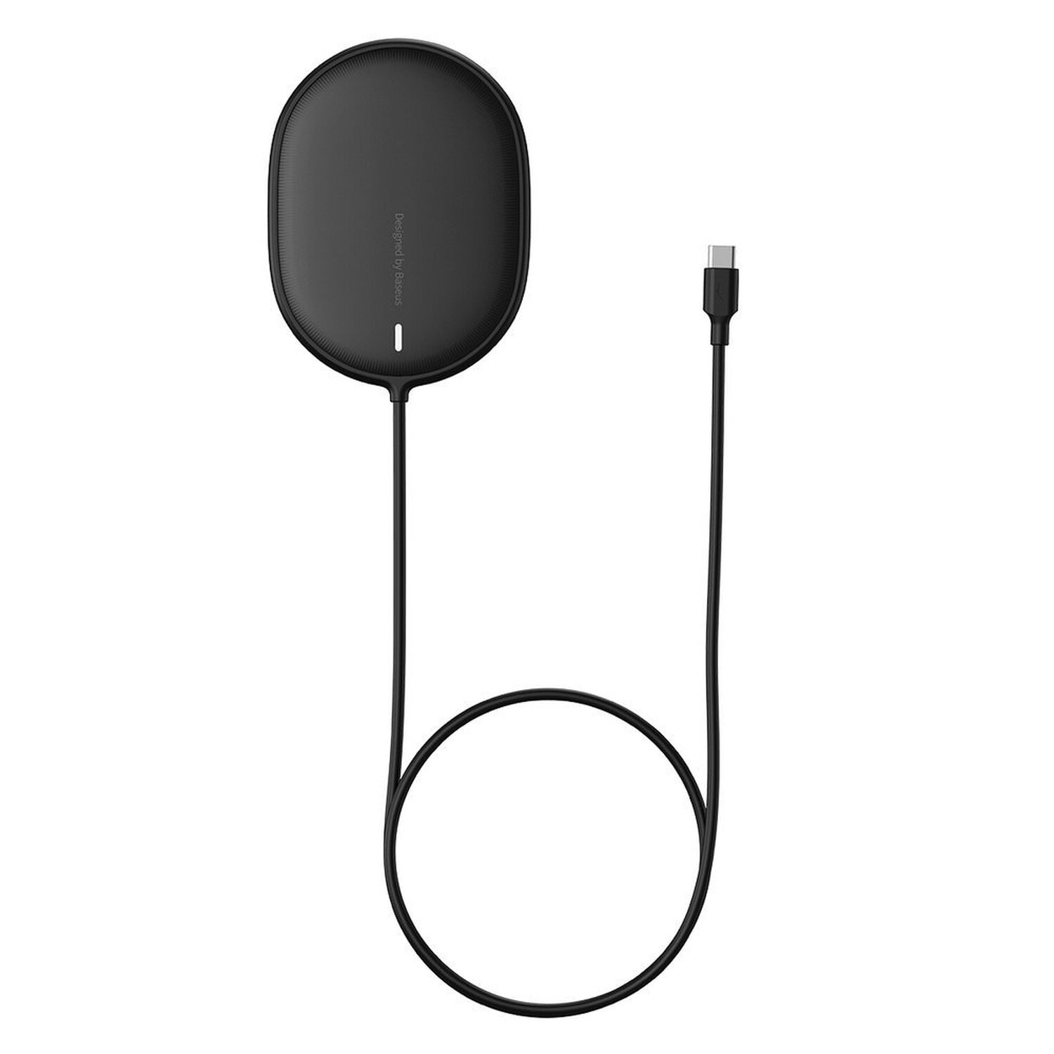Schwarzes kabelloses Ladepad mit angeschlossenem Kabel. Das Gerät ist oval und hat ein Logo.