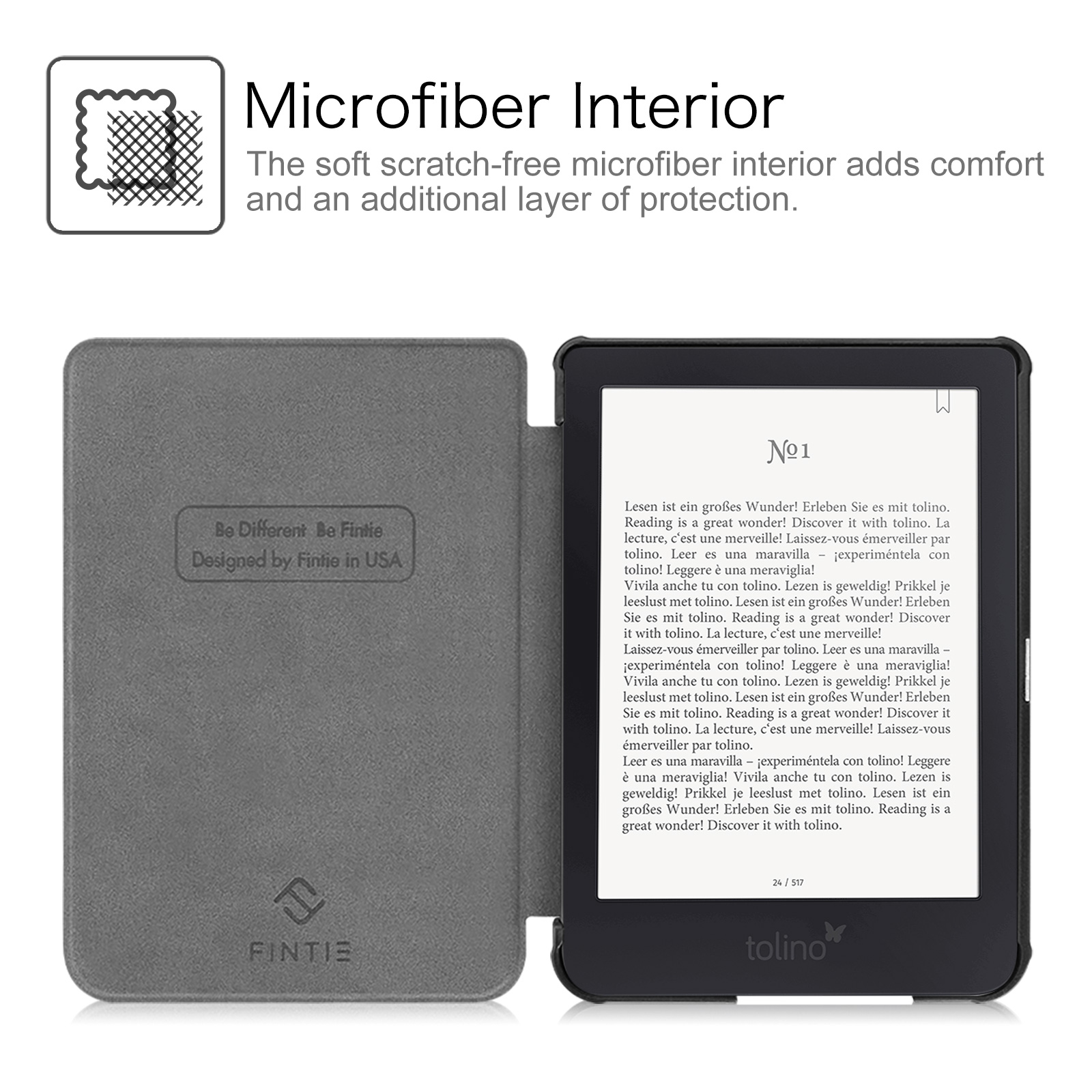 E-Reader mit offenem grauen Cover, das Text zeigt. Weißer Hintergrund.