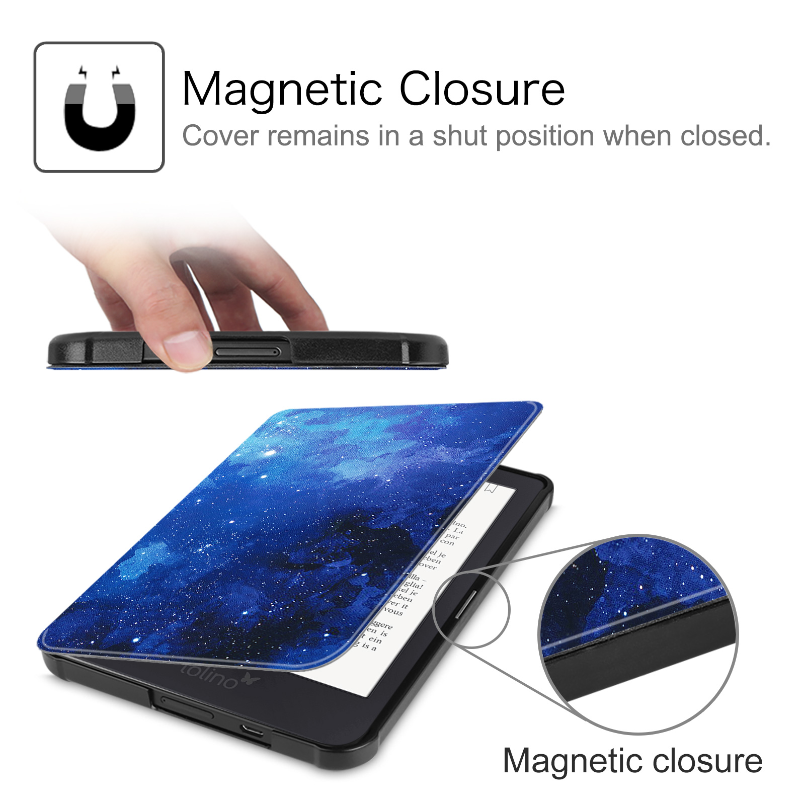 E-Reader mit blauem Galaxie-Cover, eine magnetische Verschlussfunktion wird hervorgehoben.