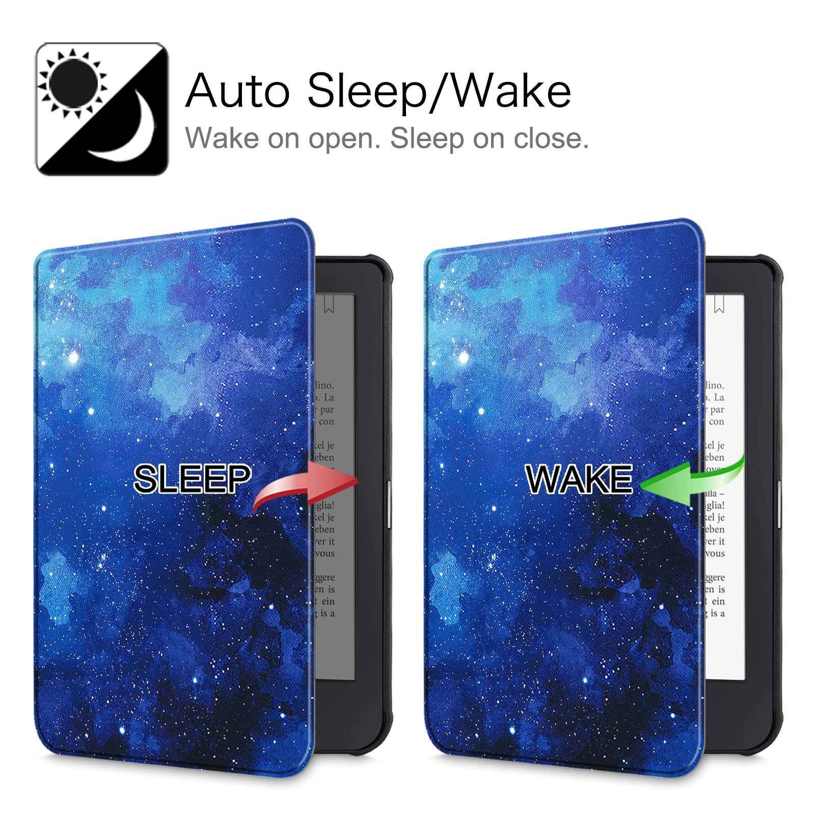 Zwei E-Reader mit Hüllen. Einer offen, der andere geschlossen, zeigen die Schlaf/Wach-Funktion.