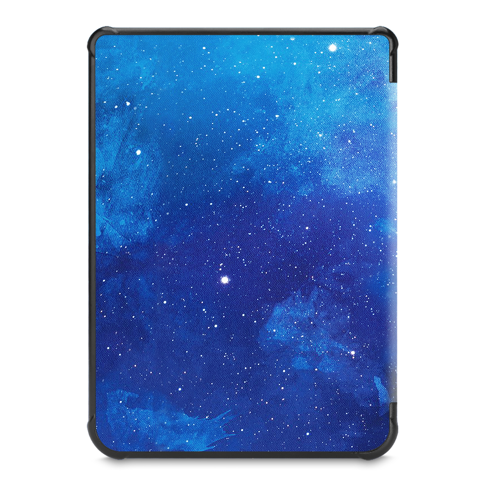 Eine blaue Tablet-Hülle im Galaxie-Design mit schwarzem Rand und Himmelsdesign.