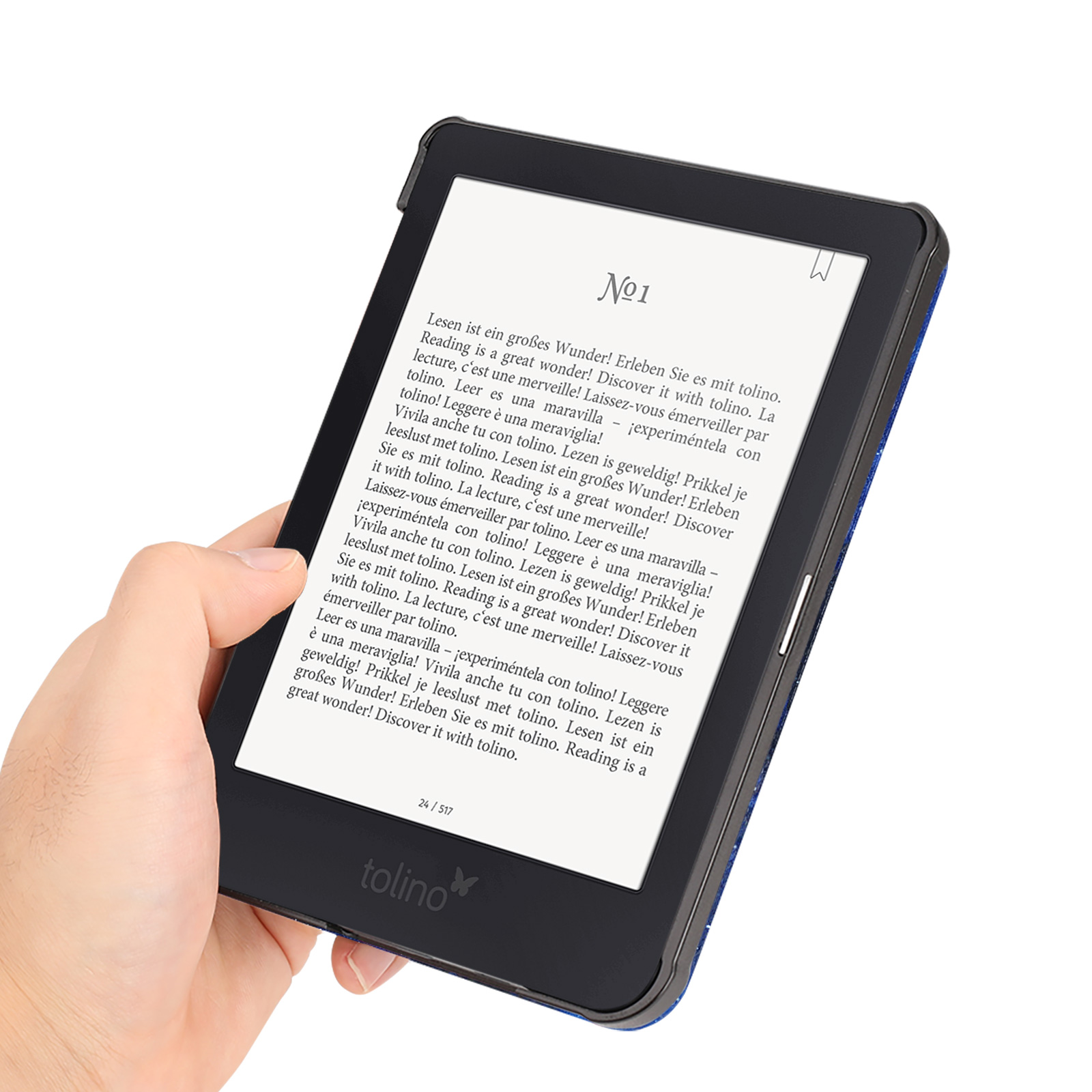 Person hält E-Reader mit Text in mehreren Sprachen.