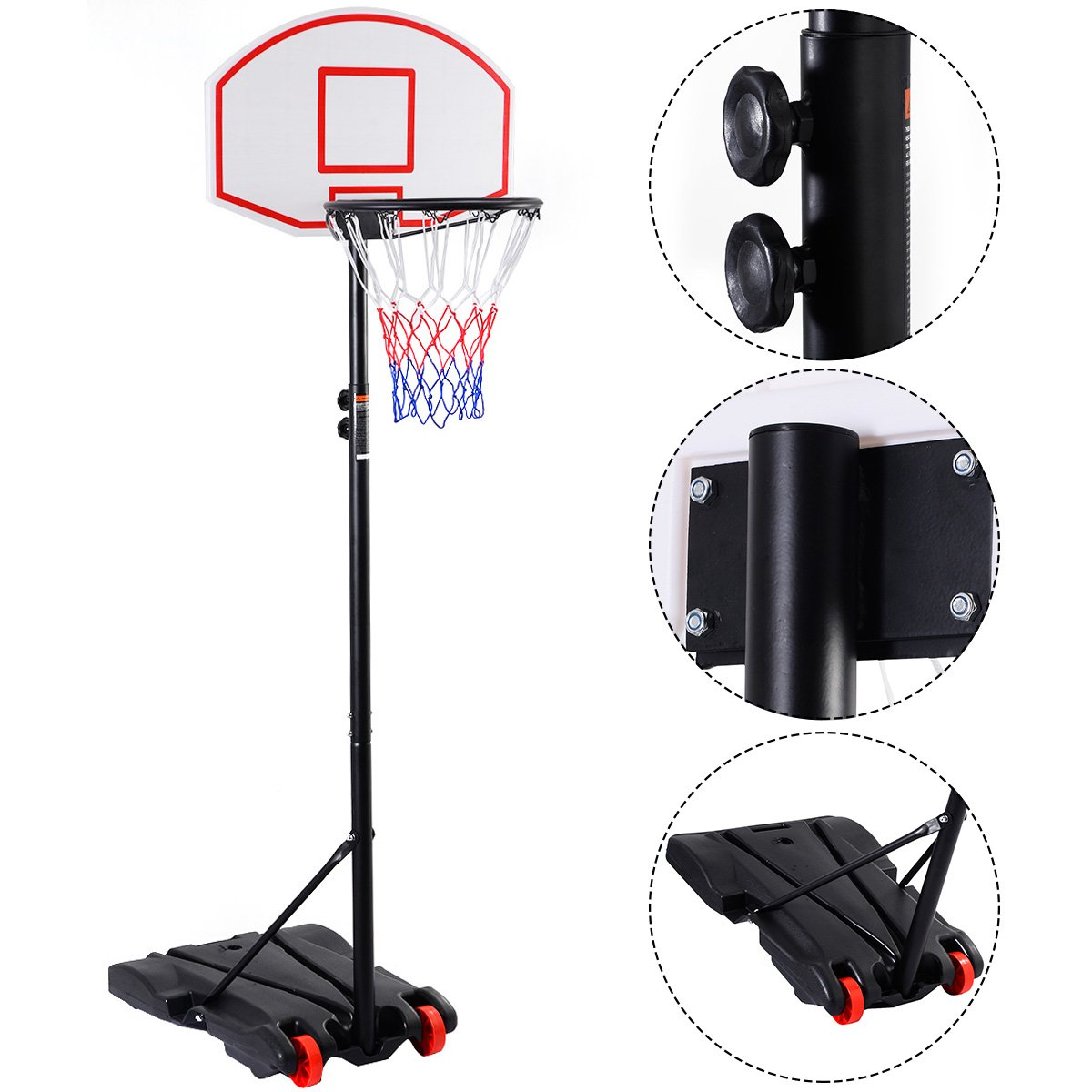 Basketballkorb mit Ständer und Rädern.