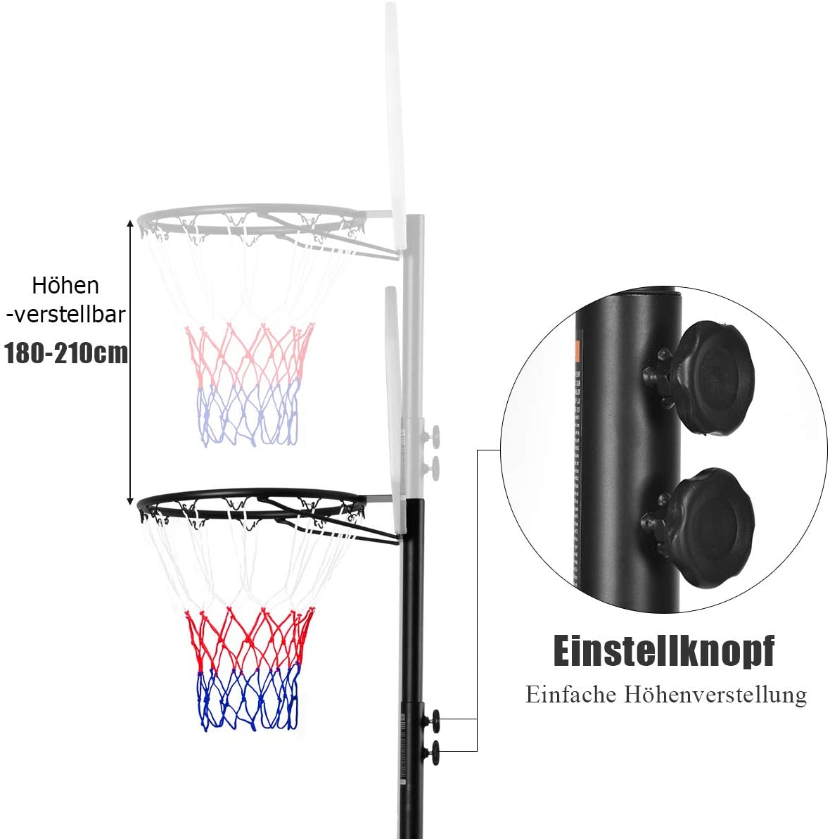 Ein Basketballkorb-Setup mit einstellbarer Höhe und zwei Einstellknöpfen.