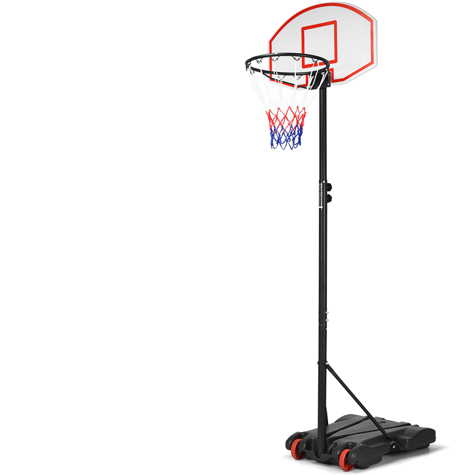 Basketballkorb auf einem Ständer, mit weißem Hintergrund.
