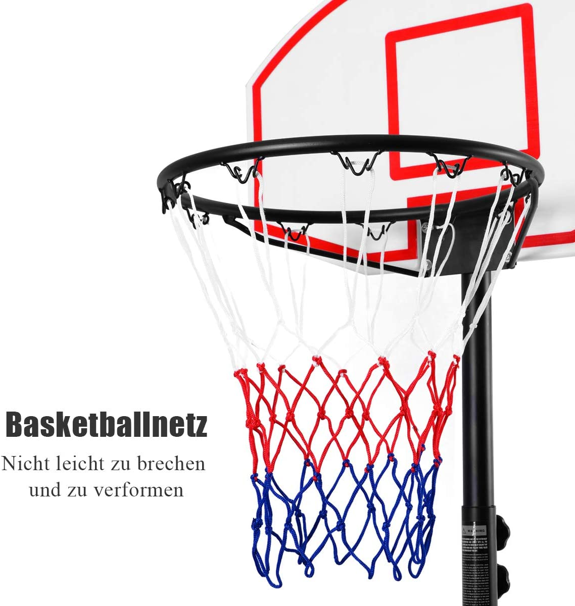 Basketballnetz mit rotem, weißem und blauem Netz. Rückwand mit roter Umrandung. Schwarze Stange.