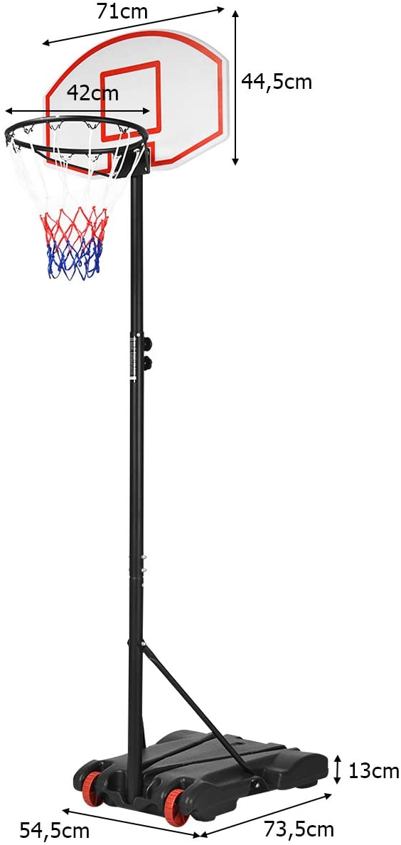 Ein Basketballkorb mit beschrifteten Maßen, mit einem rechteckigen Backboard und einem Netz.
