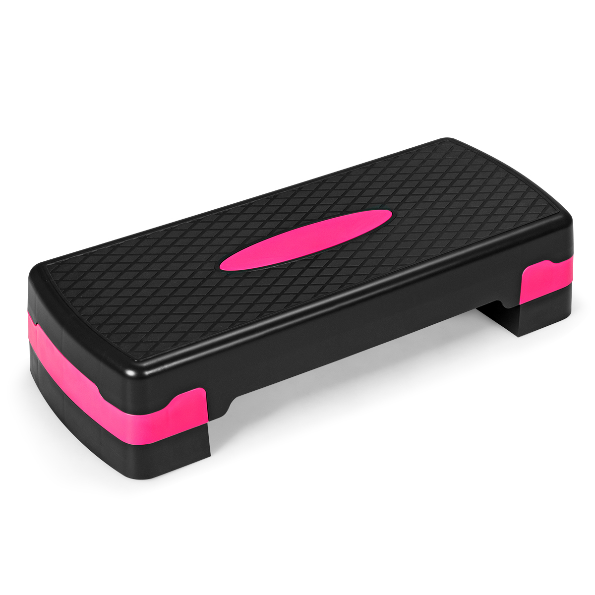 Schwarze Trittplattform mit rosa Akzenten, rosa Mittelstreifen und strukturierter Oberfläche.