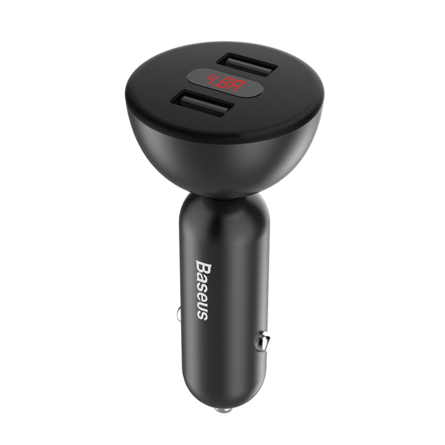 Schwarzes Autoladegerät mit zwei USB-Anschlüssen und Digitalanzeige.